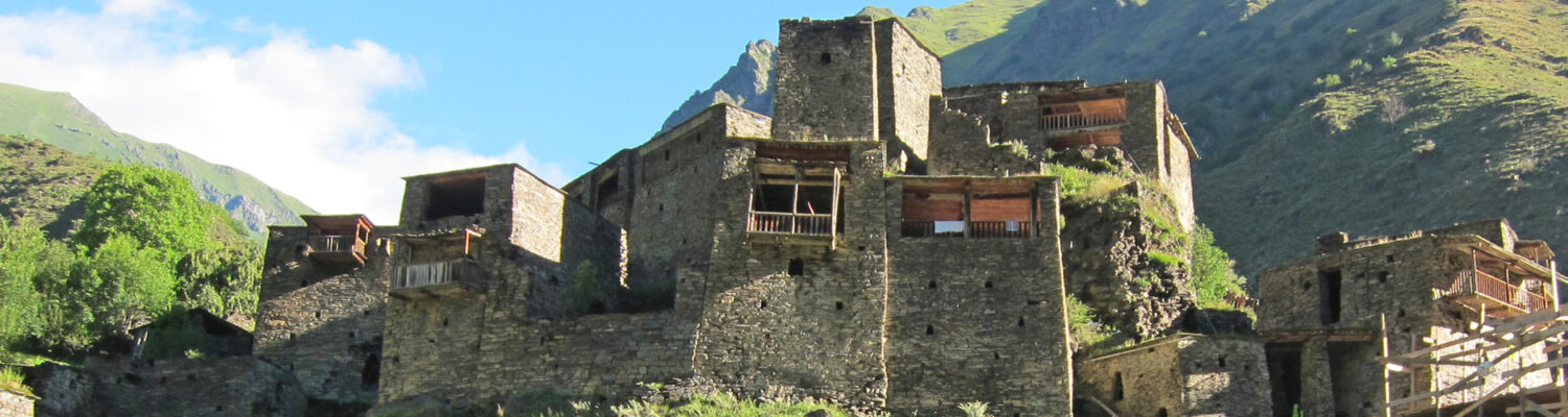 The Georgian village of Shatili in the Great Caucausus, near the border with Chechnya: a unique complex of medieval to early modern fortified dwellings, during restoration work in 2013. Photo by Marlène Thibault